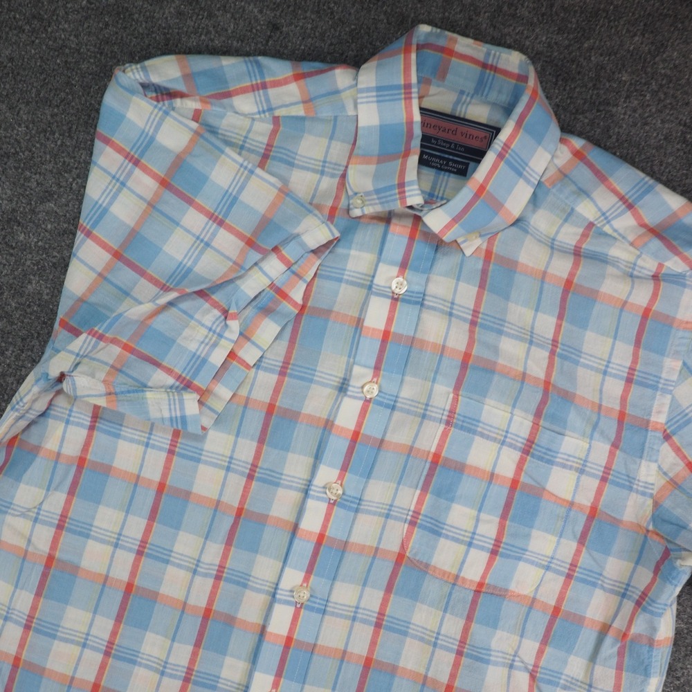 Vineyard Vines Murray Shirt Mens Med Blue Plaid Short Sleeve Cotton Preppy Shirt